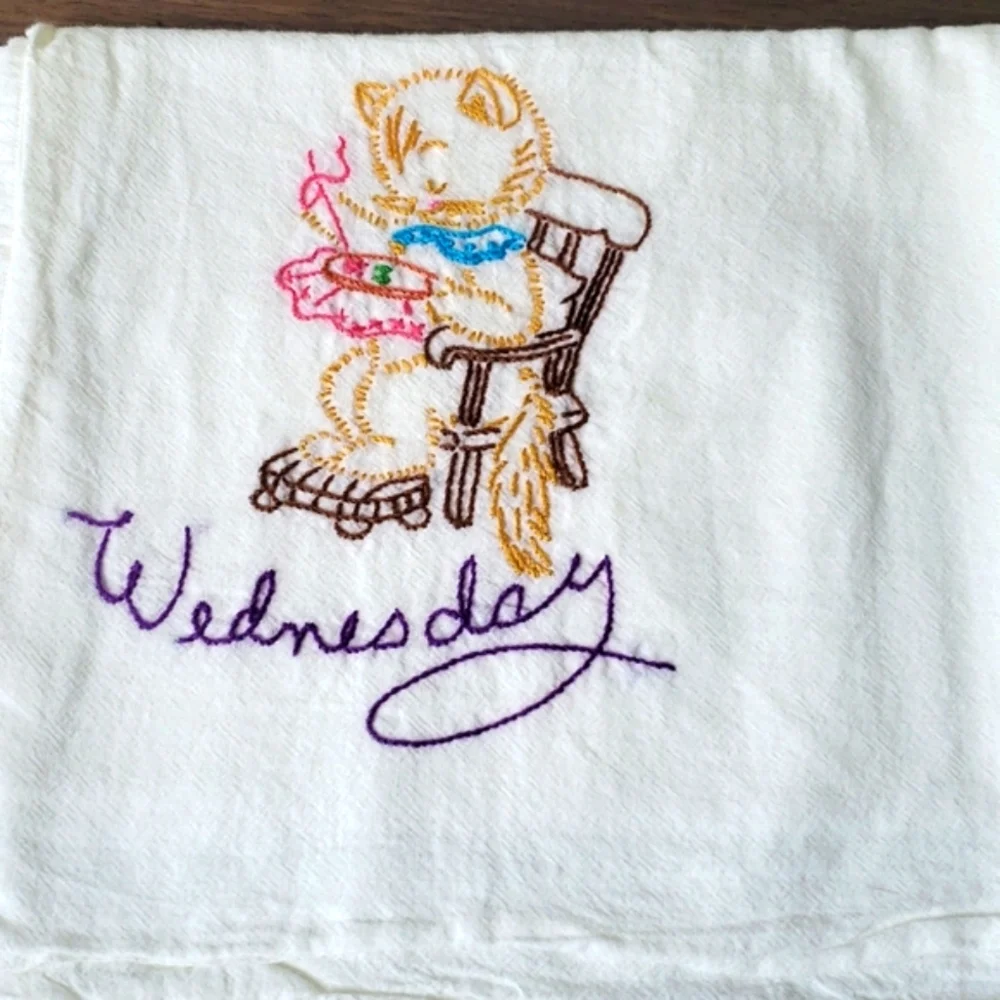 Hand Embroidered Vintage Flour Sack Tea Towel